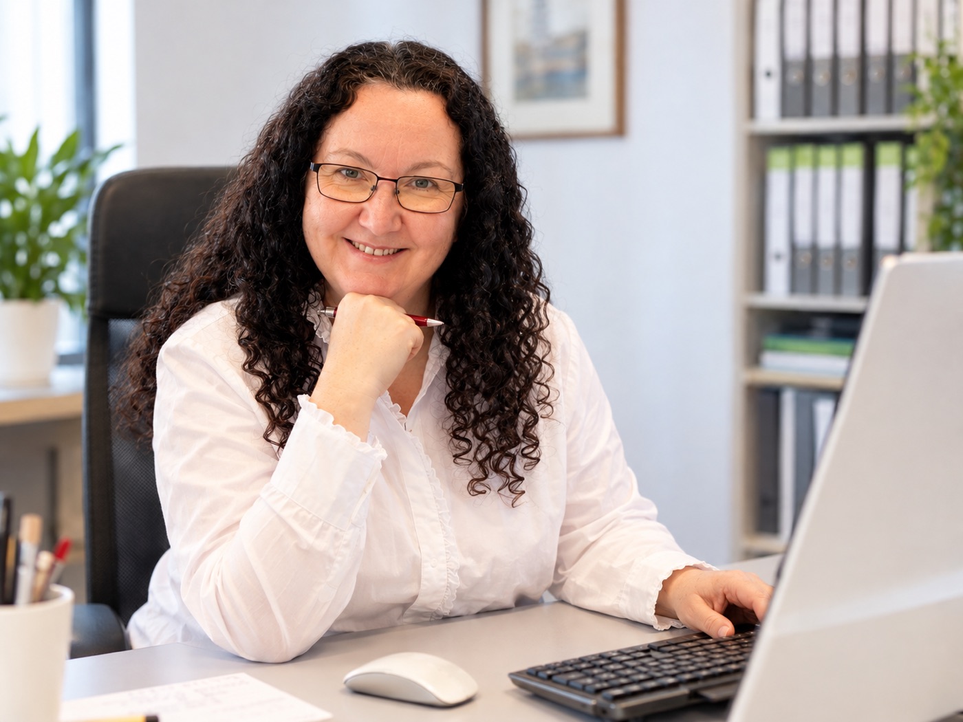 Laura Revuelta sonriendo en su mesa de trabajo